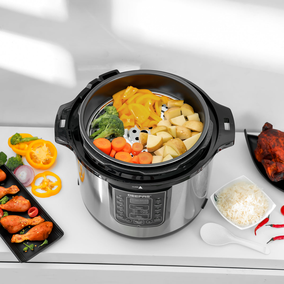 Geepas GMC35030 Digital Multi Cooker | 4 digital LED display | 12 L |14 Programs, Auto Shut off Function | Ideal for Rice Meat bean vegetable Soup |Detachable Inner Lid