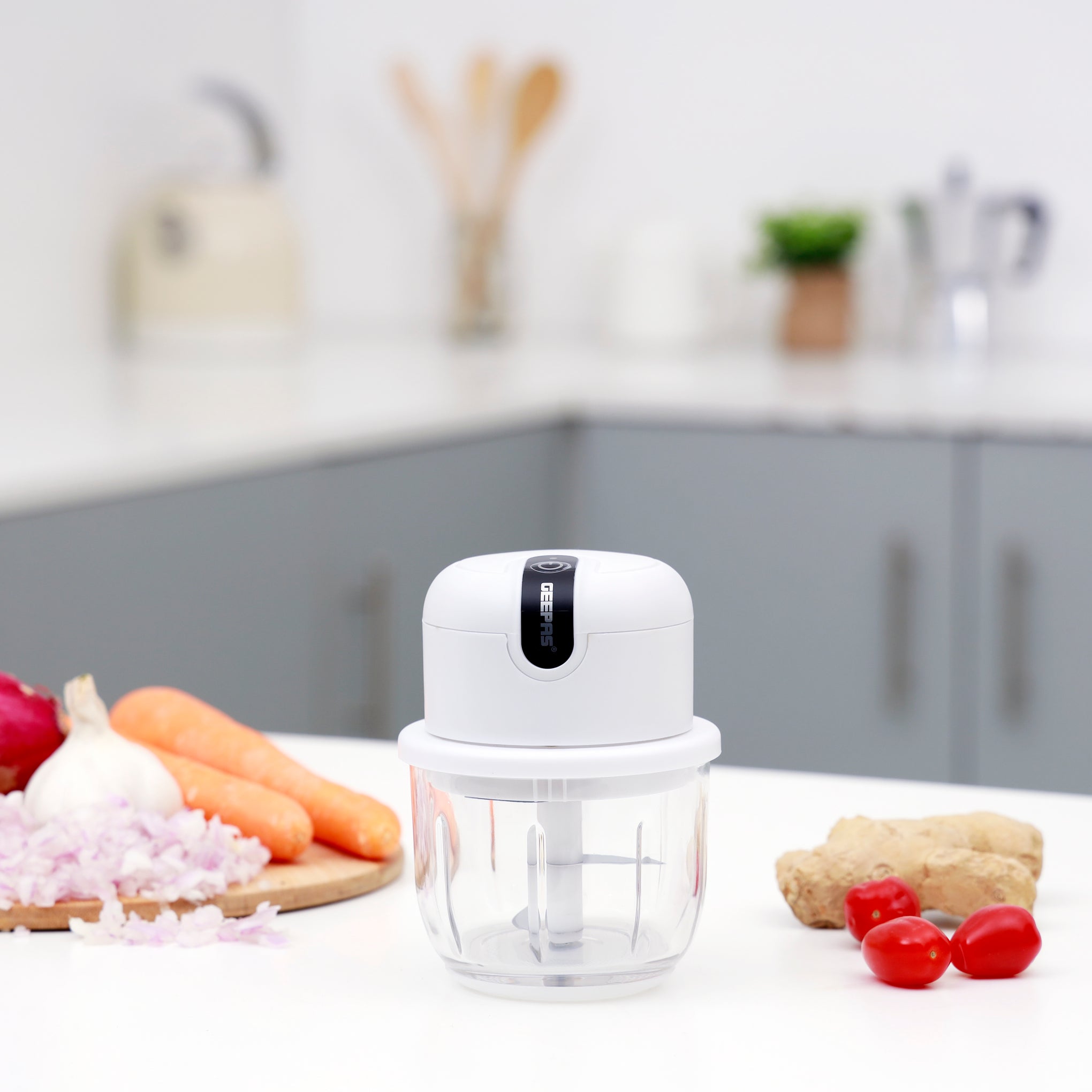 Geepas 30W USB Rechargeable Mini Chopper with 2 Stainless Steel Blades, 300 ml capacity