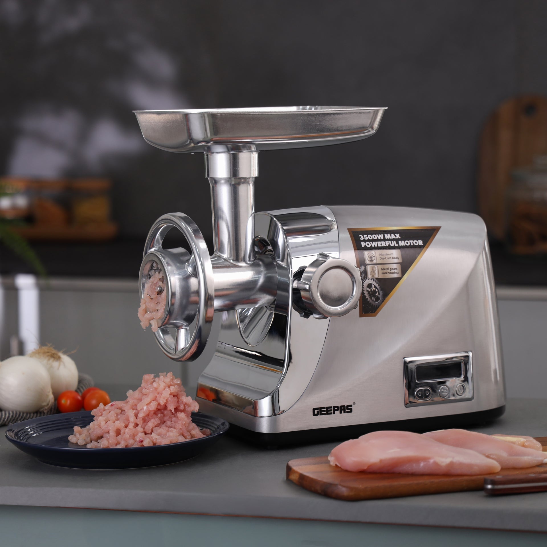 Digital Meat Grinder with Stainless Steel Blades, Copper Motor, and Reverse Function, Perfect for Home Cooking 3500 W GMG42505 Silver
