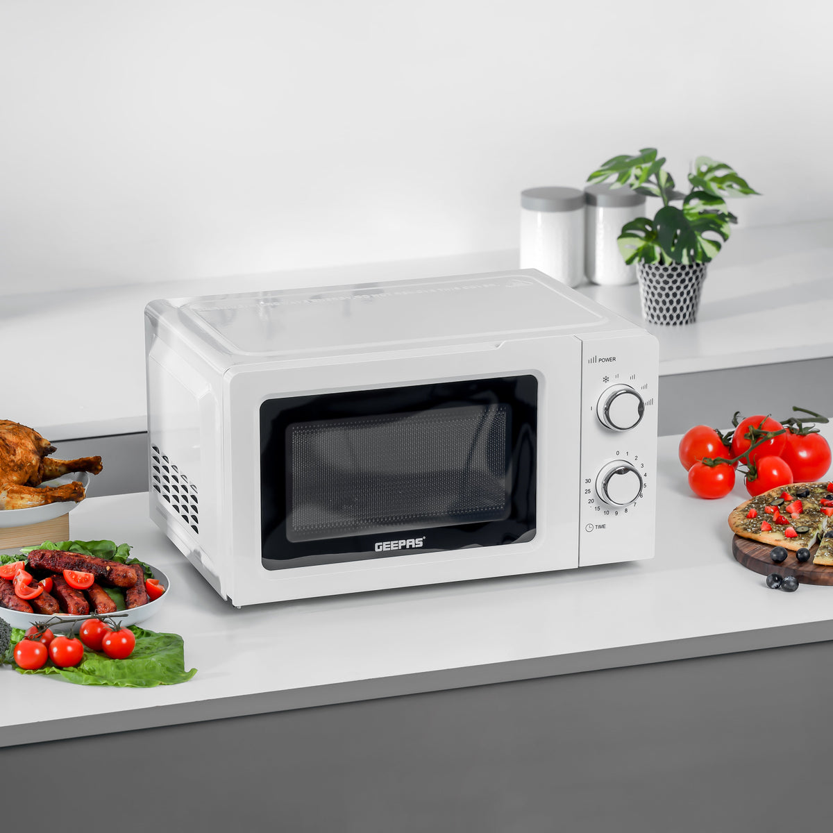 Geepas 20L Microwave Oven - 1100W Solo Microwave Oven with 5 Power Levels - Reheating, Defrost & 30 Minute Timer Function - 2 Rotary Dials - Oven for Standard Size of Dinner Plate - 2 Year Warranty