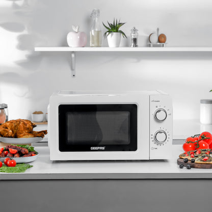 Geepas 20L Microwave Oven - 1100W Solo Microwave Oven with 5 Power Levels - Reheating, Defrost & 30 Minute Timer Function - 2 Rotary Dials - Oven for Standard Size of Dinner Plate - 2 Year Warranty