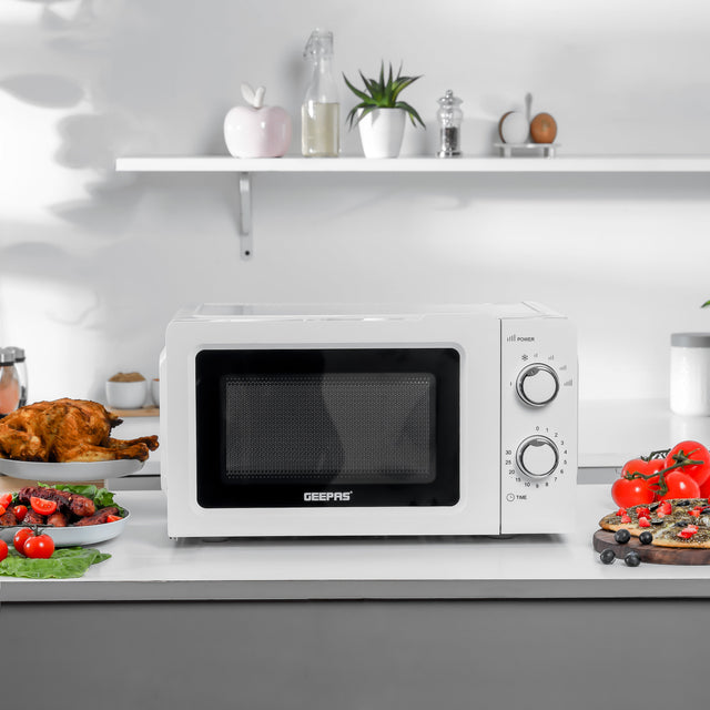 Geepas 20L Microwave Oven - 1100W Solo Microwave Oven with 5 Power Levels - Reheating, Defrost & 30 Minute Timer Function - 2 Rotary Dials - Oven for Standard Size of Dinner Plate - 2 Year Warranty