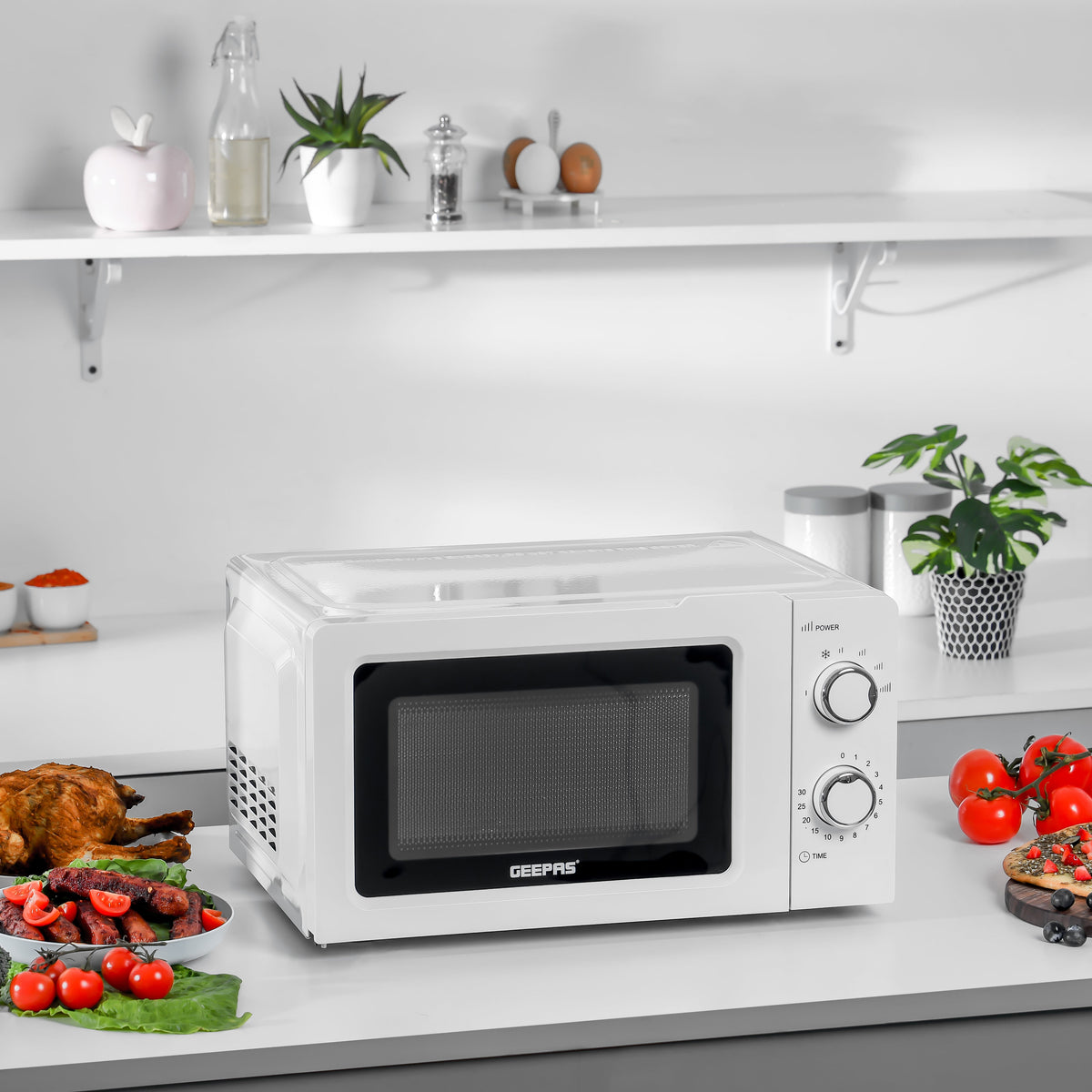 Geepas 20L Microwave Oven - 1100W Solo Microwave Oven with 5 Power Levels - Reheating, Defrost & 30 Minute Timer Function - 2 Rotary Dials - Oven for Standard Size of Dinner Plate - 2 Year Warranty