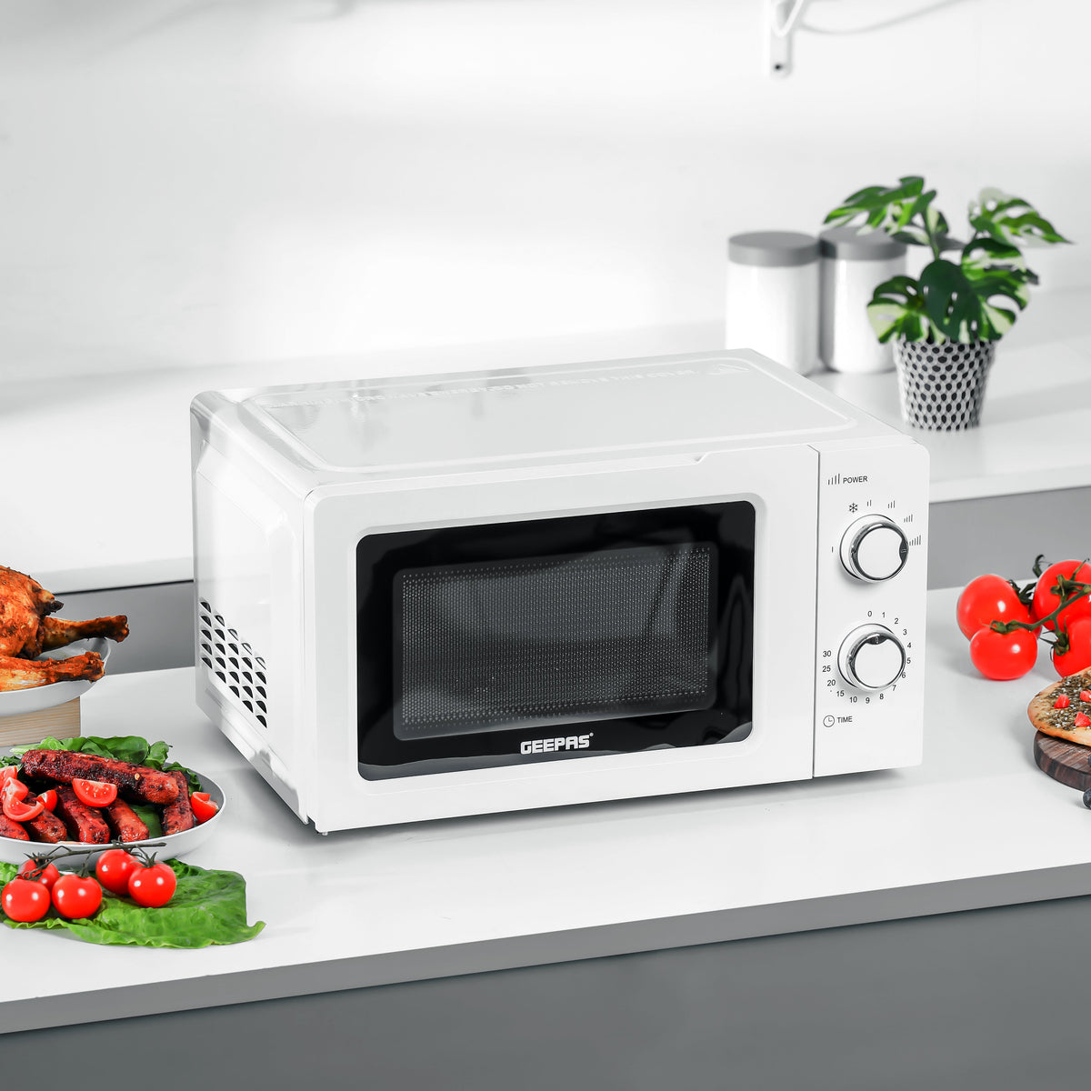 Geepas 20L Microwave Oven - 1100W Solo Microwave Oven with 5 Power Levels - Reheating, Defrost & 30 Minute Timer Function - 2 Rotary Dials - Oven for Standard Size of Dinner Plate - 2 Year Warranty