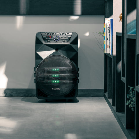 Geepas Rechargeable Professional Speaker- GMS11154| Bluetooth, TWS Function and FM Radio| Includes Two Wireless Microphones and a Remote Control| 60000W PMPO, Woofer: 15"| Recording Function, LED Display| Black, 2 Years Warranty