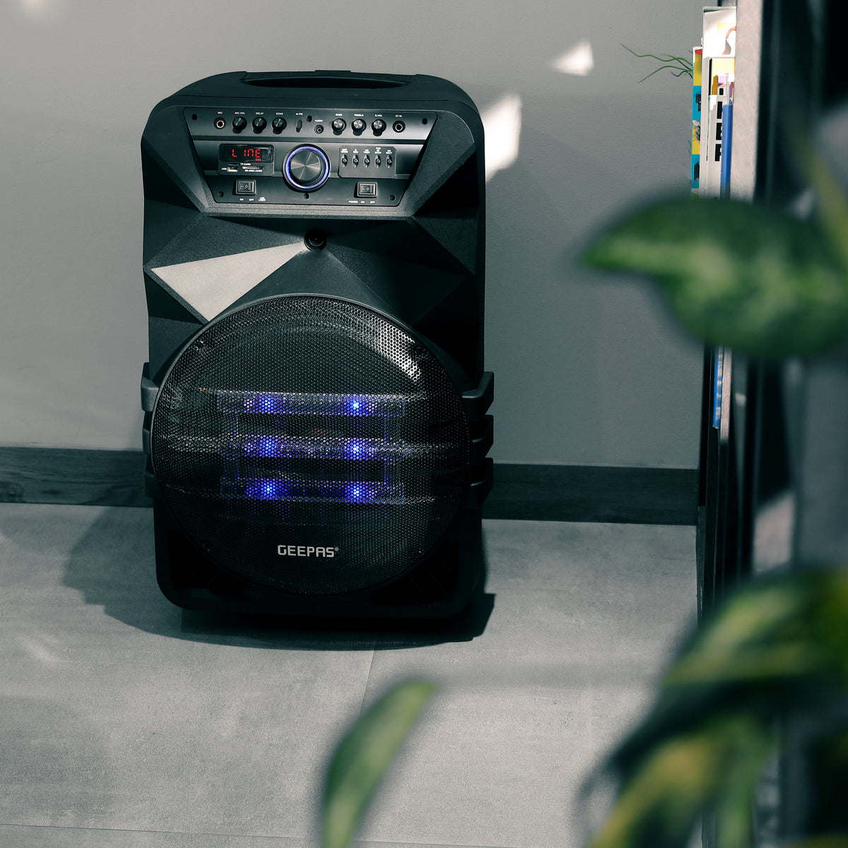 Geepas Rechargeable Professional Speaker- GMS11154| Bluetooth, TWS Function and FM Radio| Includes Two Wireless Microphones and a Remote Control| 60000W PMPO, Woofer: 15"| Recording Function, LED Display| Black, 2 Years Warranty