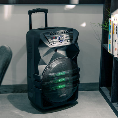 Geepas Rechargeable Professional Speaker- GMS11154| Bluetooth, TWS Function and FM Radio| Includes Two Wireless Microphones and a Remote Control| 60000W PMPO, Woofer: 15"| Recording Function, LED Display| Black, 2 Years Warranty