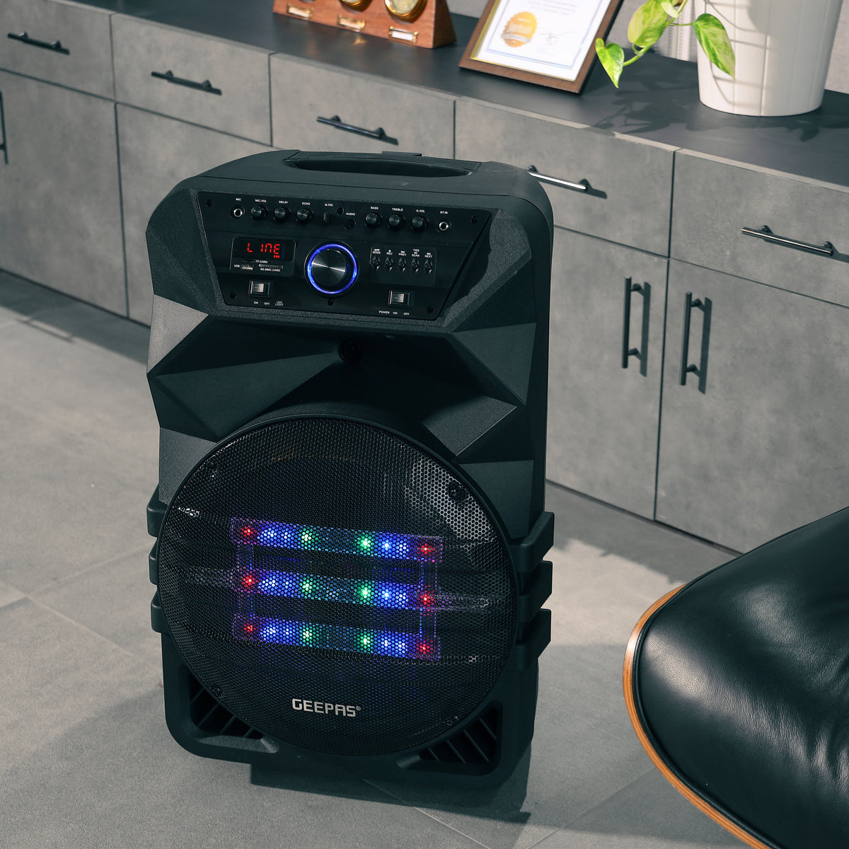 Geepas Rechargeable Professional Speaker- GMS11154| Bluetooth, TWS Function and FM Radio| Includes Two Wireless Microphones and a Remote Control| 60000W PMPO, Woofer: 15"| Recording Function, LED Display| Black, 2 Years Warranty