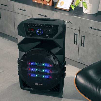 Geepas Rechargeable Professional Speaker- GMS11154| Bluetooth, TWS Function and FM Radio| Includes Two Wireless Microphones and a Remote Control| 60000W PMPO, Woofer: 15"| Recording Function, LED Display| Black, 2 Years Warranty