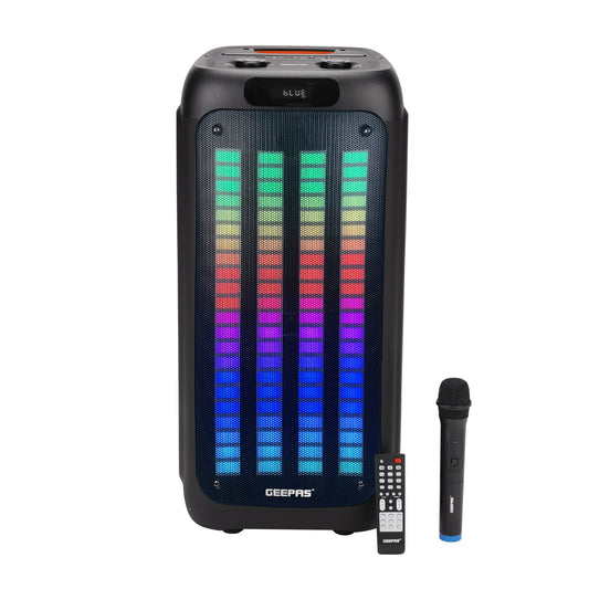 Geepas Rechargeable Professional Speaker- GMS11160| Bluetooth, TWS Function and FM Radio| Includes a Wireless Microphone and a Remote Control| 80000W PMPO, Woofer: 8"x2, Tweeter: 2"| Recording Function, LED Light Control| Black, 2 Years Warranty