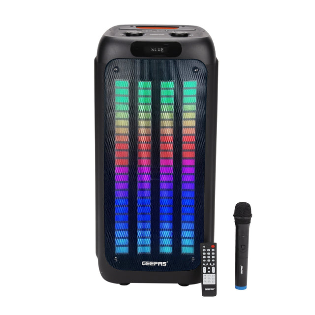 Rechargeable Professional Party Speaker – 80000W PMPO, Bluetooth, TWS, FM Radio, Dual 8" Woofers, Wireless Microphone, Remote Control, LED Lights, Black, 2-Year Warranty
