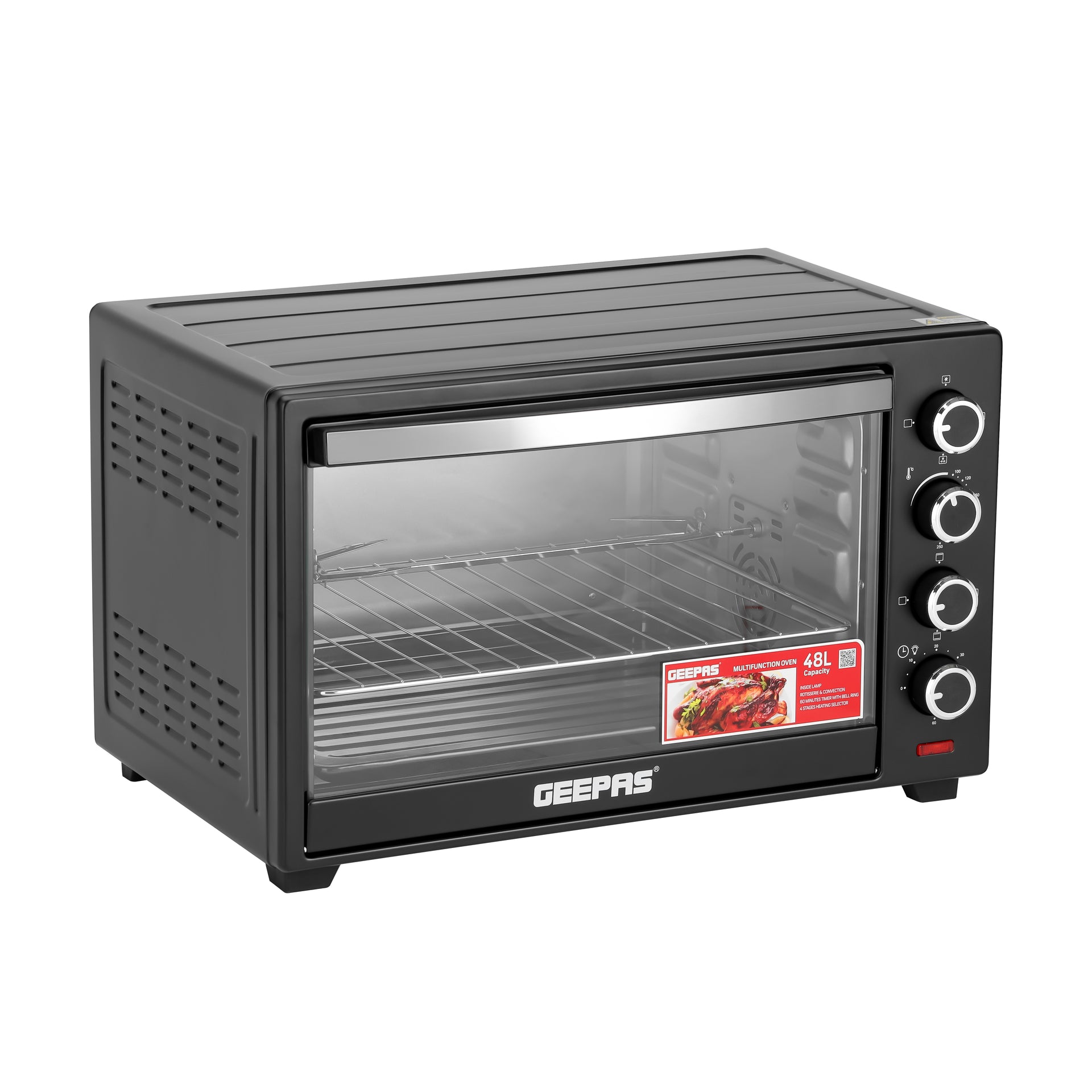 Electric Oven With Convection and Rotisserie Function 4 Knobs and Temperature 100-250-Degrees Celsius, 60 Minute Timer with Bell, Perfect for Grilling, Toasting and Roasting 48 L 2000 W GO4451N Black
