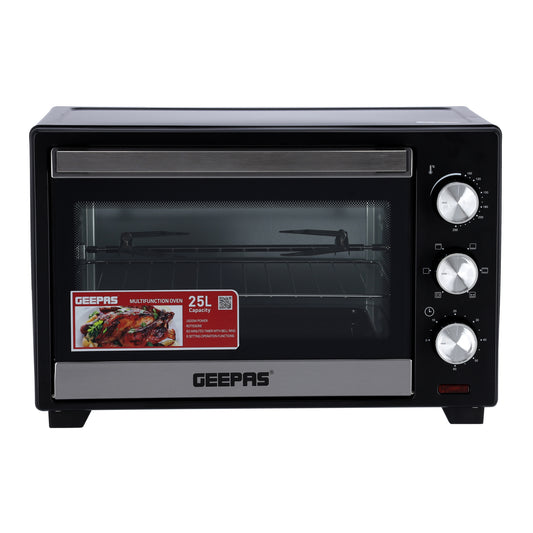 25L Electric Oven With Rotisserie, 6 Stages Heating Selector,4pcs High-Efficiency SS Heating Element, Grill Bake & Roast And Power Indicator Light, 60 Mins Timer & Shut Off Bell. 25 L 1600 W GO4464N Black/Clear
