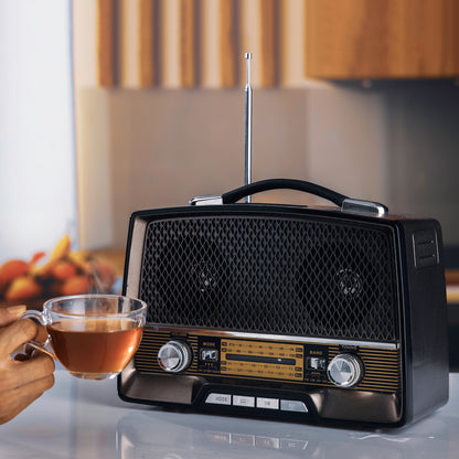 راديو قابل لإعادة الشحن مع بلوتوث، مدخل AUX، يدعم BT/FM/MP3/USB/بطاقة TF