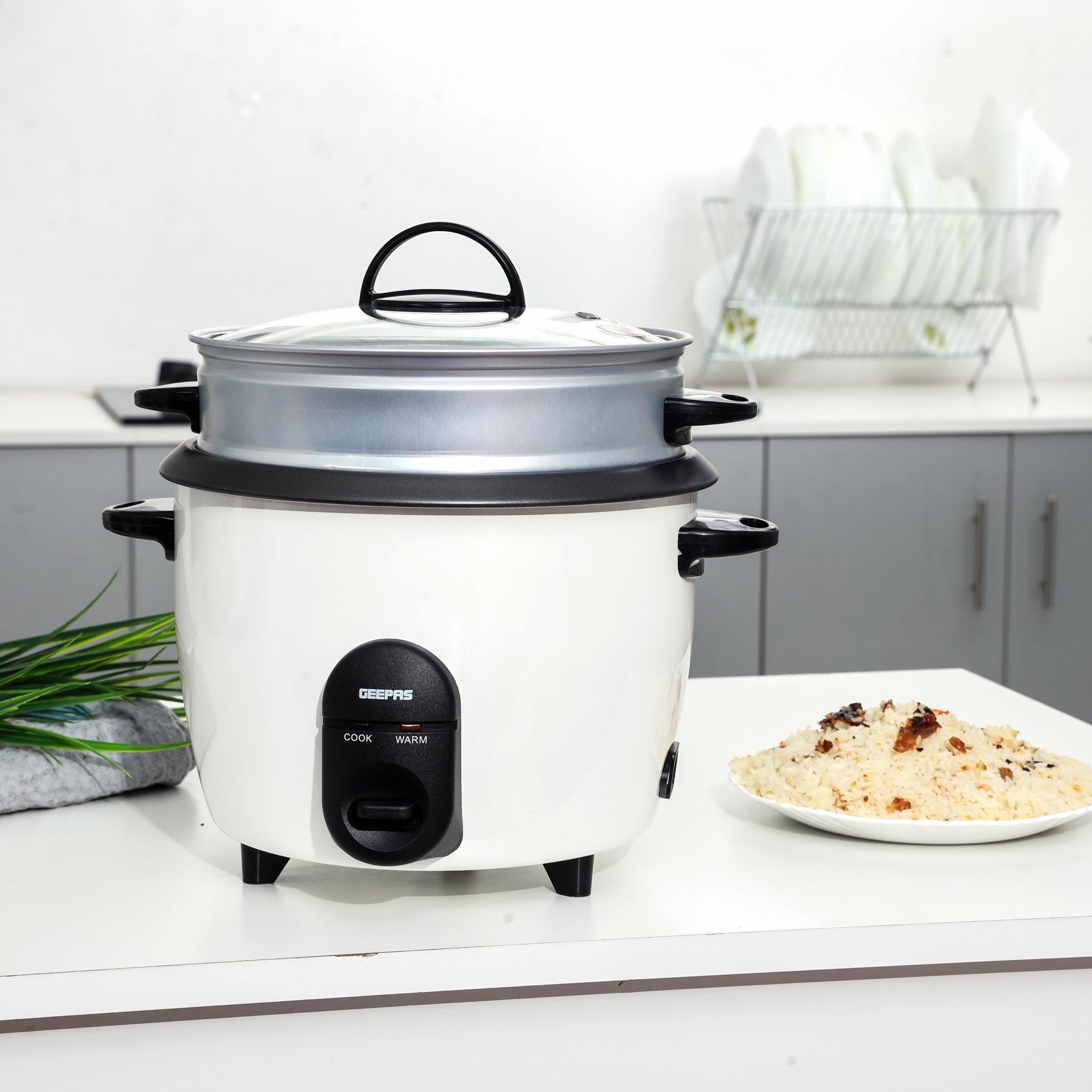 Automatic Rice Cooker - Steam Vent Lid & Simple One Touch Operation |Make Rice, Steam Healthy Food & Vegetables, 3 In 1 Functions, Tempered Glass LID 1.5 L 500 W GRC35011 White/Black/Clear