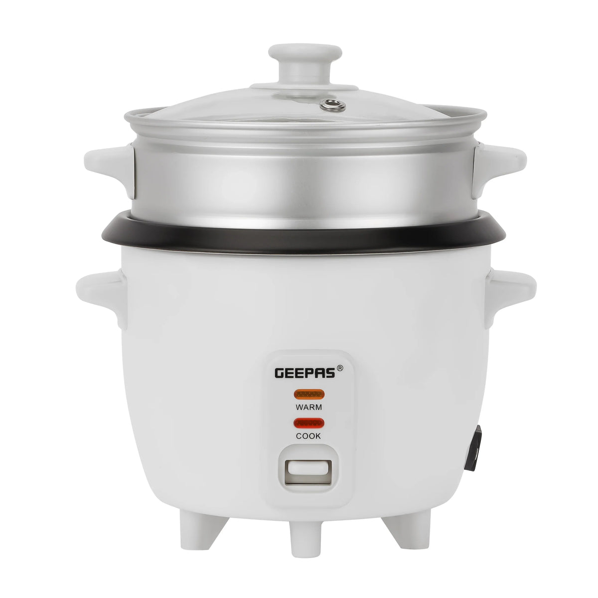 Geepas 0.6L Multifunctional Rice Cooker GRC4324 – 3-in-1 Cook, Steam & Keep Warm, Non-Stick Pot, Glass Lid, White