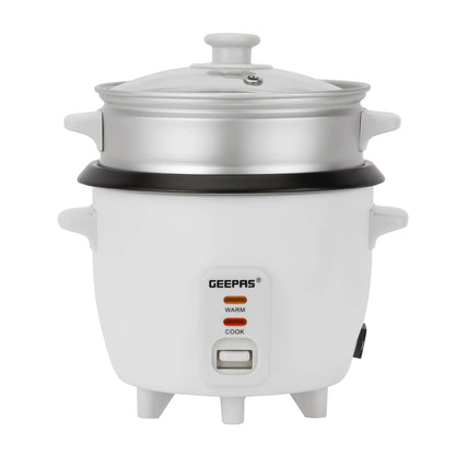 Geepas 0.6L Multifunctional Rice Cooker GRC4324 – 3-in-1 Cook, Steam & Keep Warm, Non-Stick Pot, Glass Lid, White