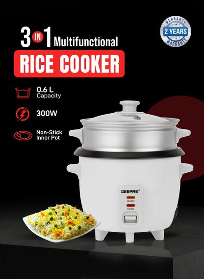 Geepas 0.6L Multifunctional Rice Cooker GRC4324 – 3-in-1 Cook, Steam & Keep Warm, Non-Stick Pot, Glass Lid, White