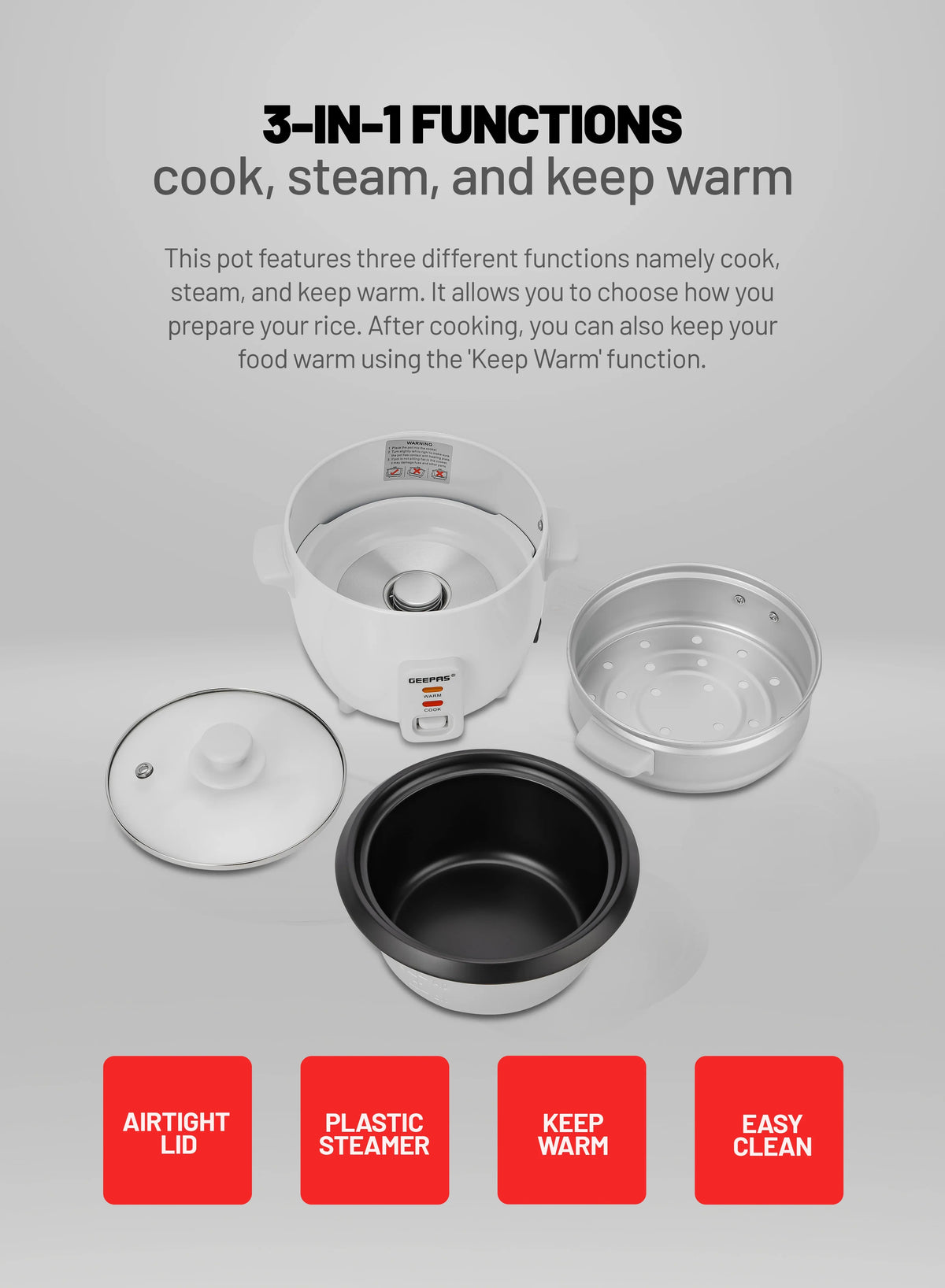 Geepas 0.6L Multifunctional Rice Cooker GRC4324 – 3-in-1 Cook, Steam & Keep Warm, Non-Stick Pot, Glass Lid, White