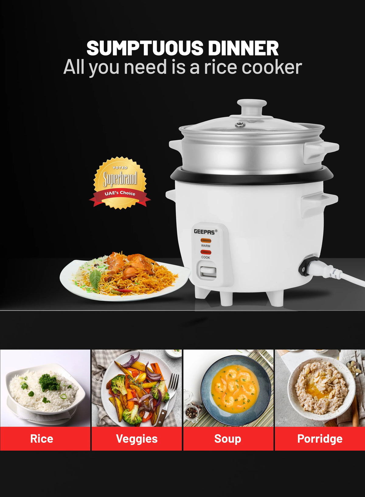 Geepas 0.6L Multifunctional Rice Cooker GRC4324 – 3-in-1 Cook, Steam & Keep Warm, Non-Stick Pot, Glass Lid, White