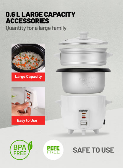 Geepas 0.6L Multifunctional Rice Cooker GRC4324 – 3-in-1 Cook, Steam & Keep Warm, Non-Stick Pot, Glass Lid, White