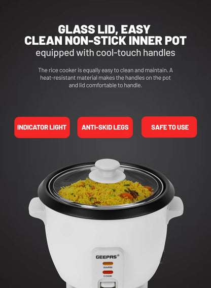 Geepas 0.6L Multifunctional Rice Cooker GRC4324 – 3-in-1 Cook, Steam & Keep Warm, Non-Stick Pot, Glass Lid, White