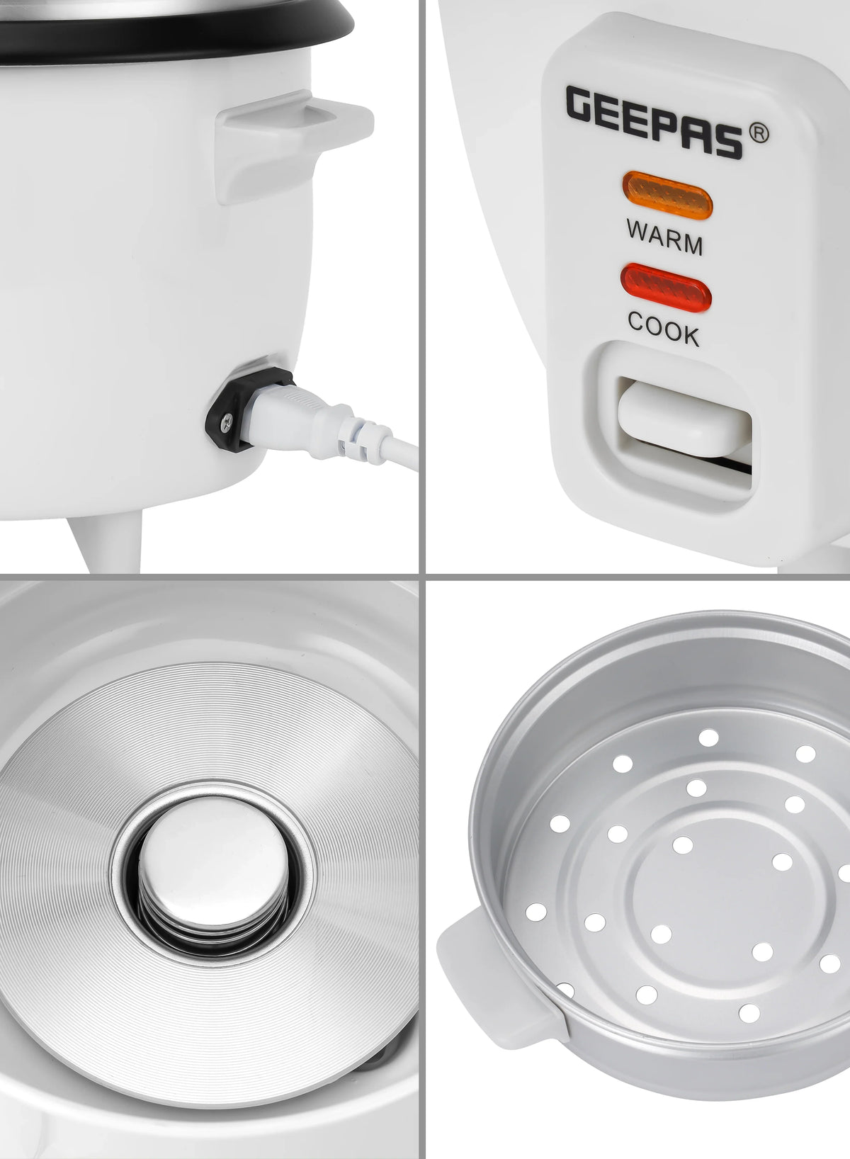 Geepas 0.6L Multifunctional Rice Cooker GRC4324 – 3-in-1 Cook, Steam & Keep Warm, Non-Stick Pot, Glass Lid, White