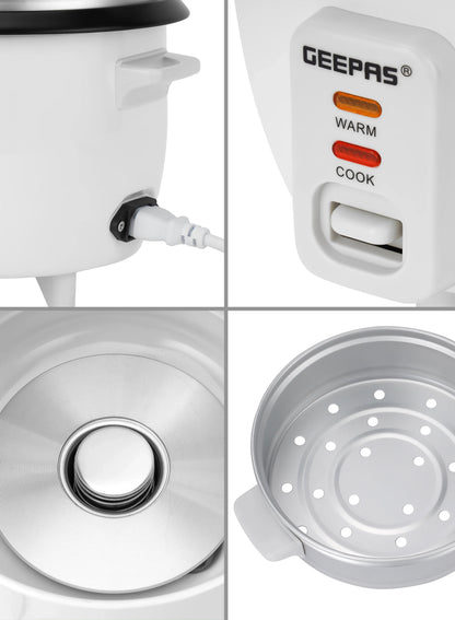 Geepas 0.6L Multifunctional Rice Cooker GRC4324 – 3-in-1 Cook, Steam & Keep Warm, Non-Stick Pot, Glass Lid, White