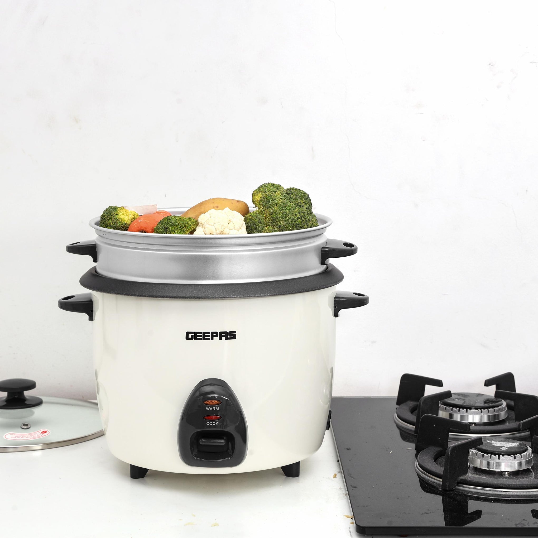 Electric Rice Cooker  -Cook/Warm/Steam, High-Temperature Protection - Make Rice & Steam Healthy Food & Vegetables, Tempered Glass Lid, Non Stick Inner Pot | 2 Year Warranty 2.2 L 900 W GRC4326 White/Black/Clear