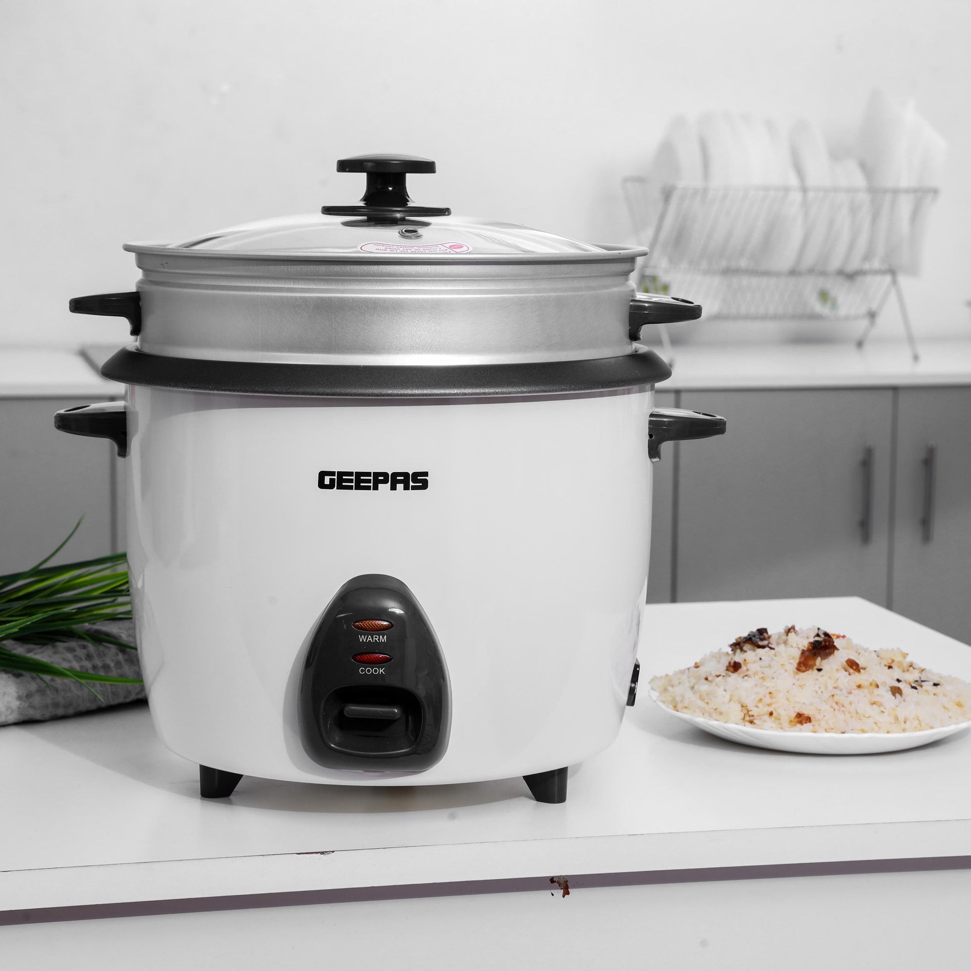 Electric Rice Cooker  -Cook/Warm/Steam, High-Temperature Protection - Make Rice & Steam Healthy Food & Vegetables, Tempered Glass Lid, Non Stick Inner Pot | 2 Year Warranty 2.2 L 900 W GRC4326 White/Black/Clear