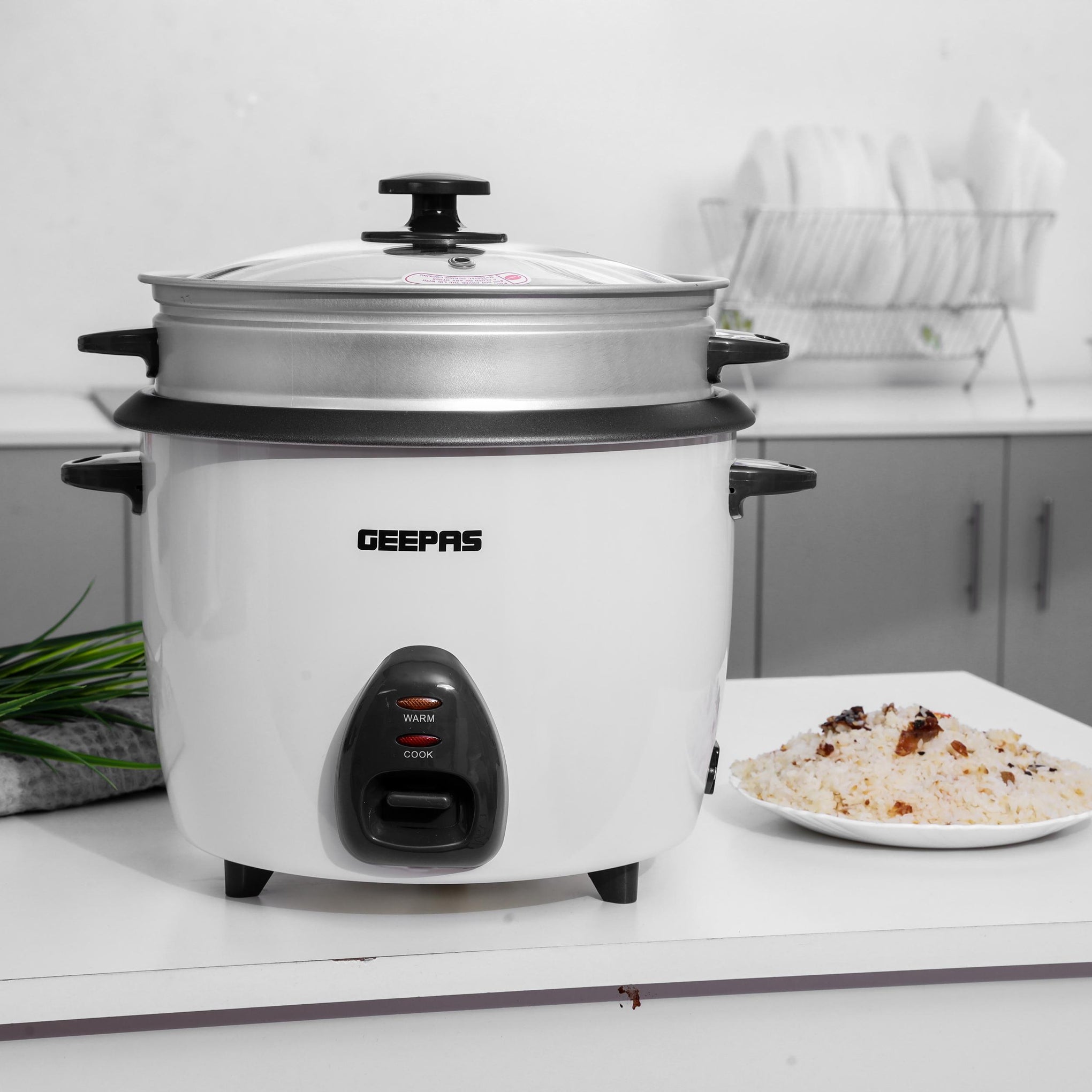 Electric Rice Cooker  -Cook/Warm/Steam, High-Temperature Protection - Make Rice & Steam Healthy Food & Vegetables, Tempered Glass Lid, Non Stick Inner Pot | 2 Year Warranty 2.2 L 900 W GRC4326 White/Black/Clear