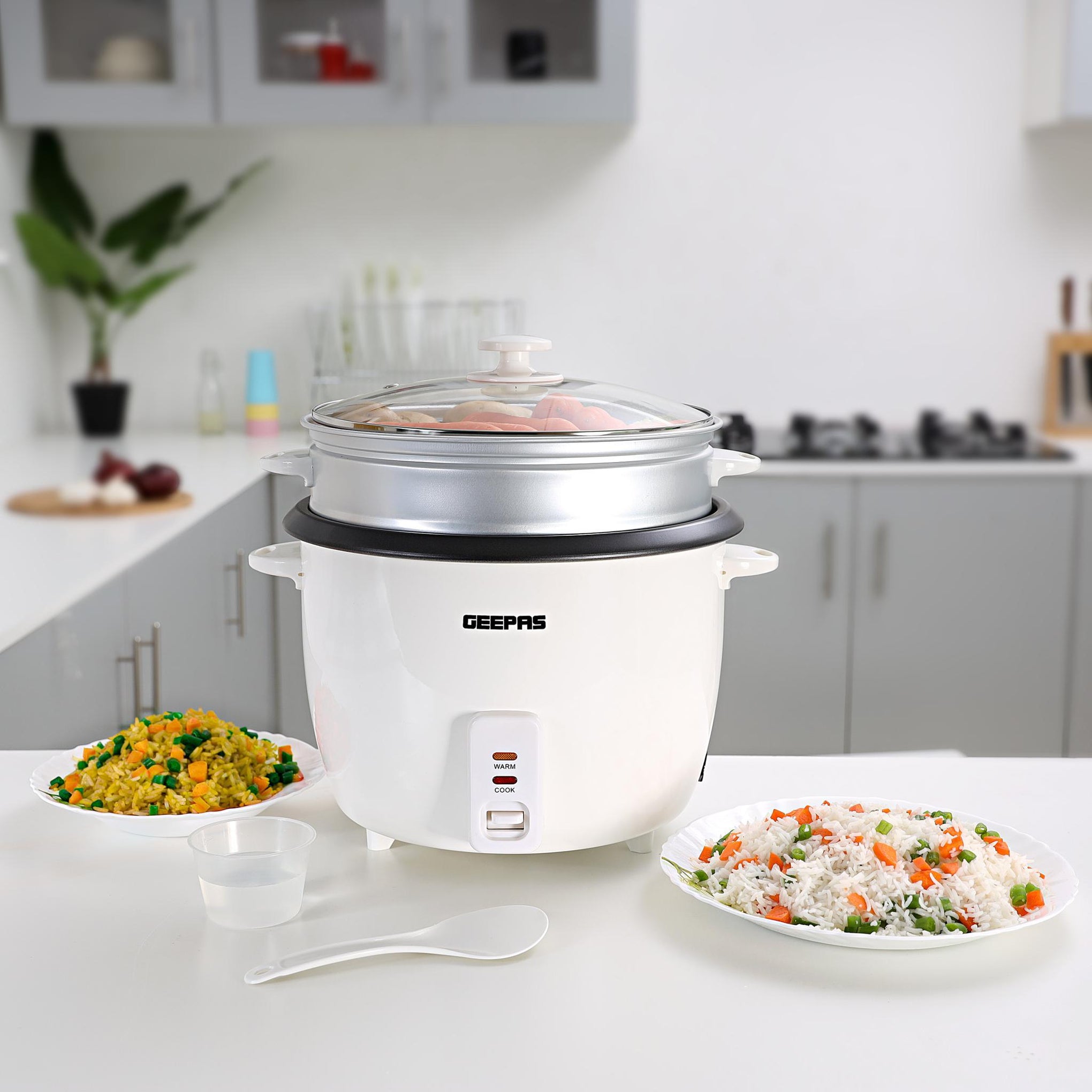 Electric Rice Cooker with Non-Stick Inner Pot and Toughened Glass Lid| Includes Cook, Steam, and Warm Functions| White Powder Coated Housing, Aluminum Outer Steamer 2.8 L 1000 W GRC4327 White/Black