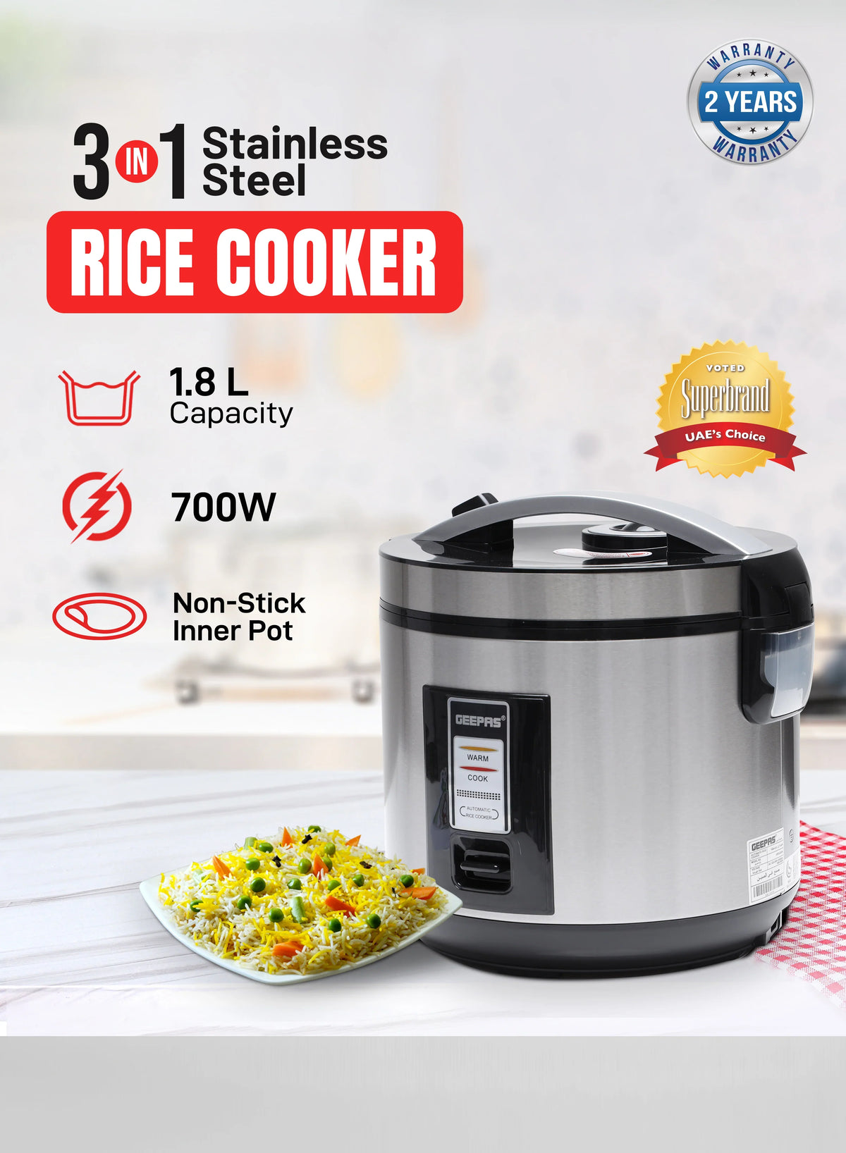 Automatic Rice Cooker With Non Stick Inner Pot, Stainless Steel Body And Plastic Steamer, Cook/Steam/Keep Warm Functions 1.8 L 762 W GRC4330N Silver/Black