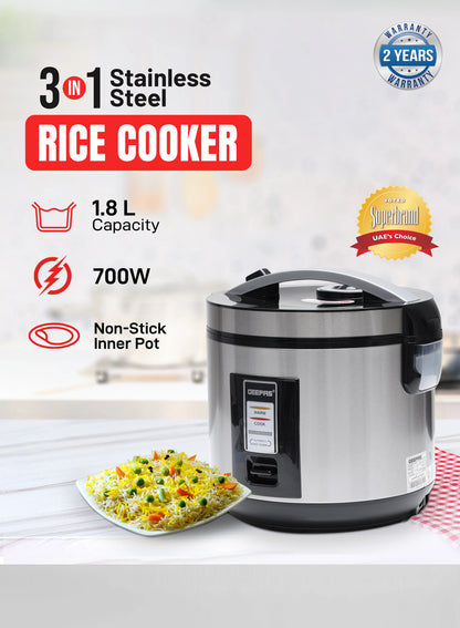Automatic Rice Cooker With Non Stick Inner Pot, Stainless Steel Body And Plastic Steamer, Cook/Steam/Keep Warm Functions 1.8 L 762 W GRC4330N Silver/Black