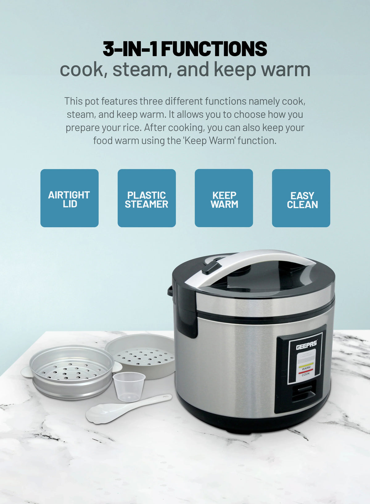 Automatic Rice Cooker With Non Stick Inner Pot, Stainless Steel Body And Plastic Steamer, Cook/Steam/Keep Warm Functions 1.8 L 762 W GRC4330N Silver/Black