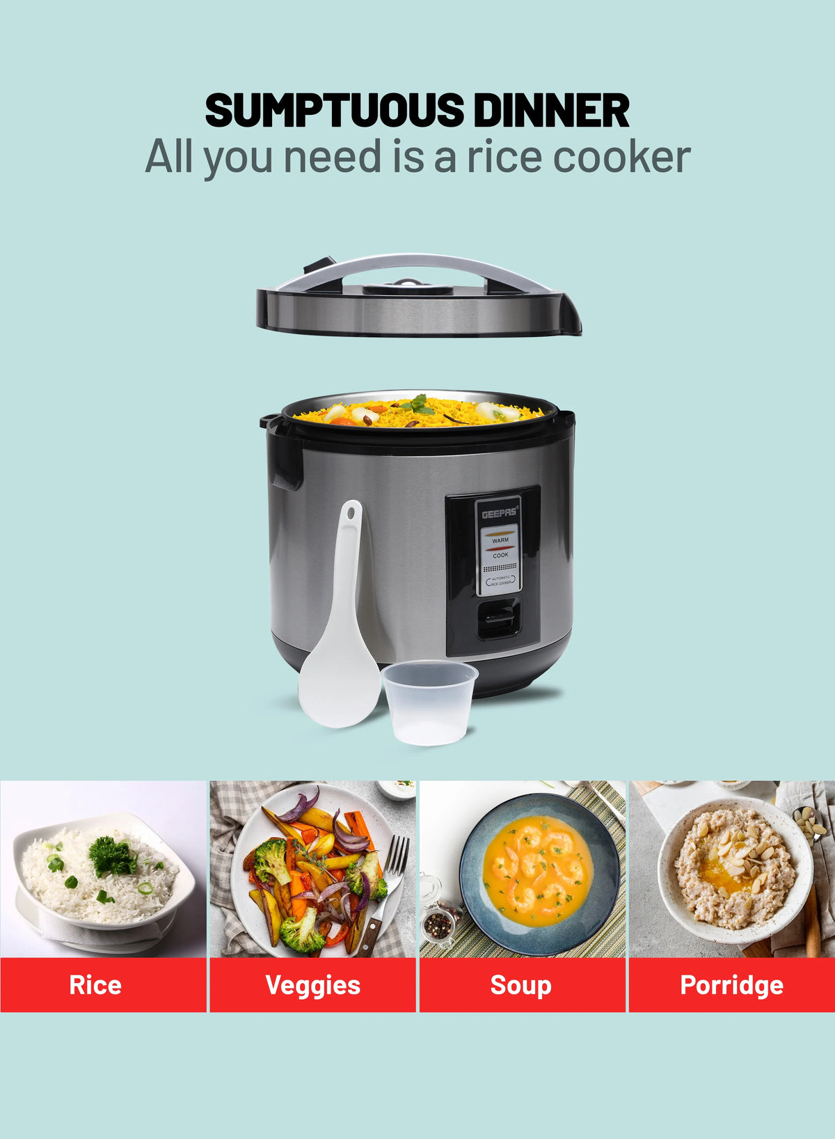 Automatic Rice Cooker With Non Stick Inner Pot, Stainless Steel Body And Plastic Steamer, Cook/Steam/Keep Warm Functions 1.8 L 762 W GRC4330N Silver/Black