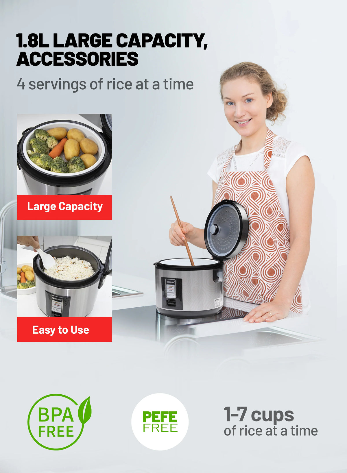 Automatic Rice Cooker With Non Stick Inner Pot, Stainless Steel Body And Plastic Steamer, Cook/Steam/Keep Warm Functions 1.8 L 762 W GRC4330N Silver/Black