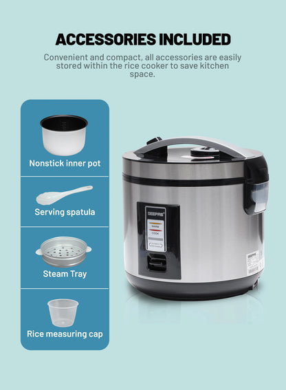 Automatic Rice Cooker With Non Stick Inner Pot, Stainless Steel Body And Plastic Steamer, Cook/Steam/Keep Warm Functions 1.8 L 762 W GRC4330N Silver/Black