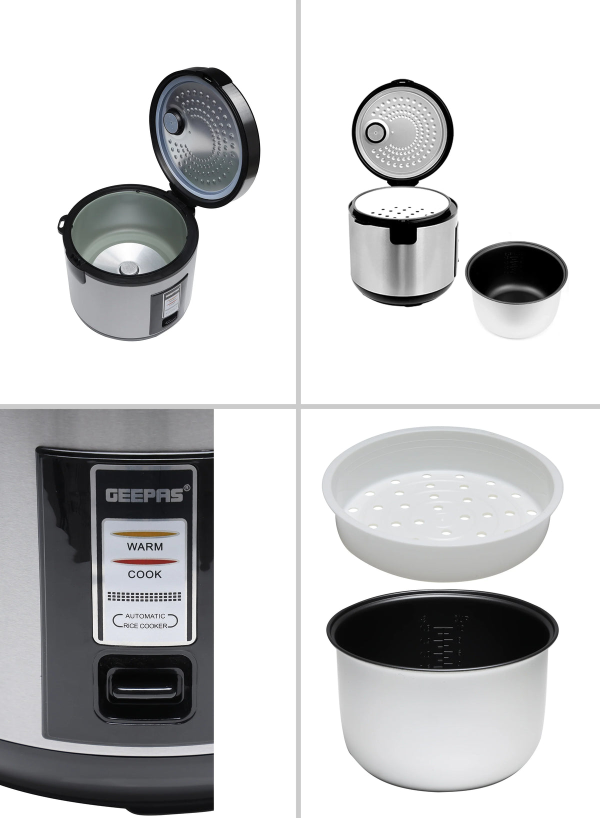 Automatic Rice Cooker With Non Stick Inner Pot, Stainless Steel Body And Plastic Steamer, Cook/Steam/Keep Warm Functions 1.8 L 762 W GRC4330N Silver/Black
