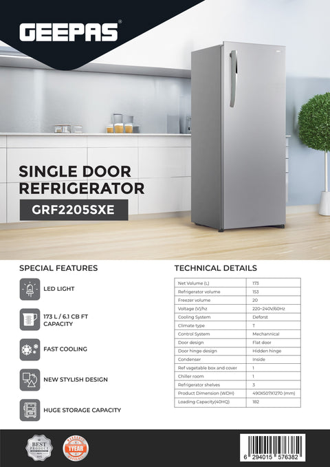 173 L Single Door Refrigerator with Fast Cooling, Dedicated Chiller, Vegetable Crisper & LED Illumination 173 L 131 kW GRF2205SXE Siver