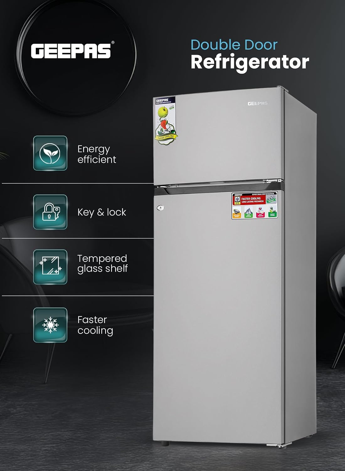 Double Door Defrost Refrigerator, Capacity 205 L (7.2 Cu. Ft)  Adjustable Thermostat/Tempered Glass Shelves/Faster Cooling/Door Lock & Key 238 kW GRF2407SXEN Silver
