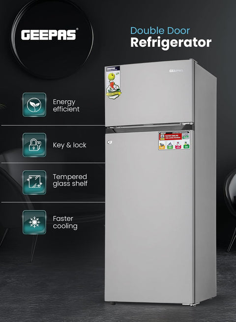 Double Door Defrost Refrigerator, Capacity 205 L (7.2 Cu. Ft)  Adjustable Thermostat/Tempered Glass Shelves/Faster Cooling/Door Lock & Key 238 kW GRF2407SXEN Silver