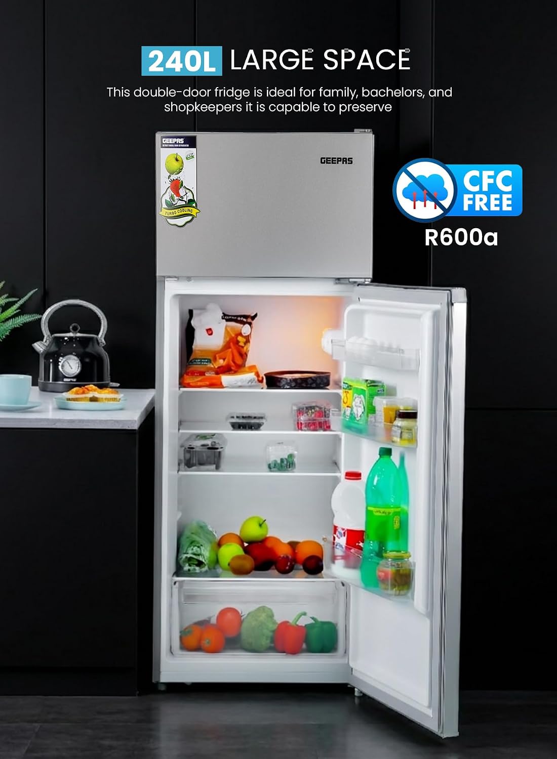 Double Door Defrost Refrigerator, Capacity 205 L (7.2 Cu. Ft)  Adjustable Thermostat/Tempered Glass Shelves/Faster Cooling/Door Lock & Key 238 kW GRF2407SXEN Silver