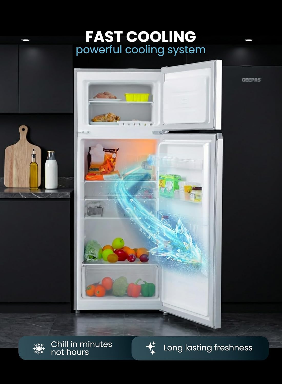 Double Door Defrost Refrigerator, Capacity 205 L (7.2 Cu. Ft)  Adjustable Thermostat/Tempered Glass Shelves/Faster Cooling/Door Lock & Key 238 kW GRF2407SXEN Silver