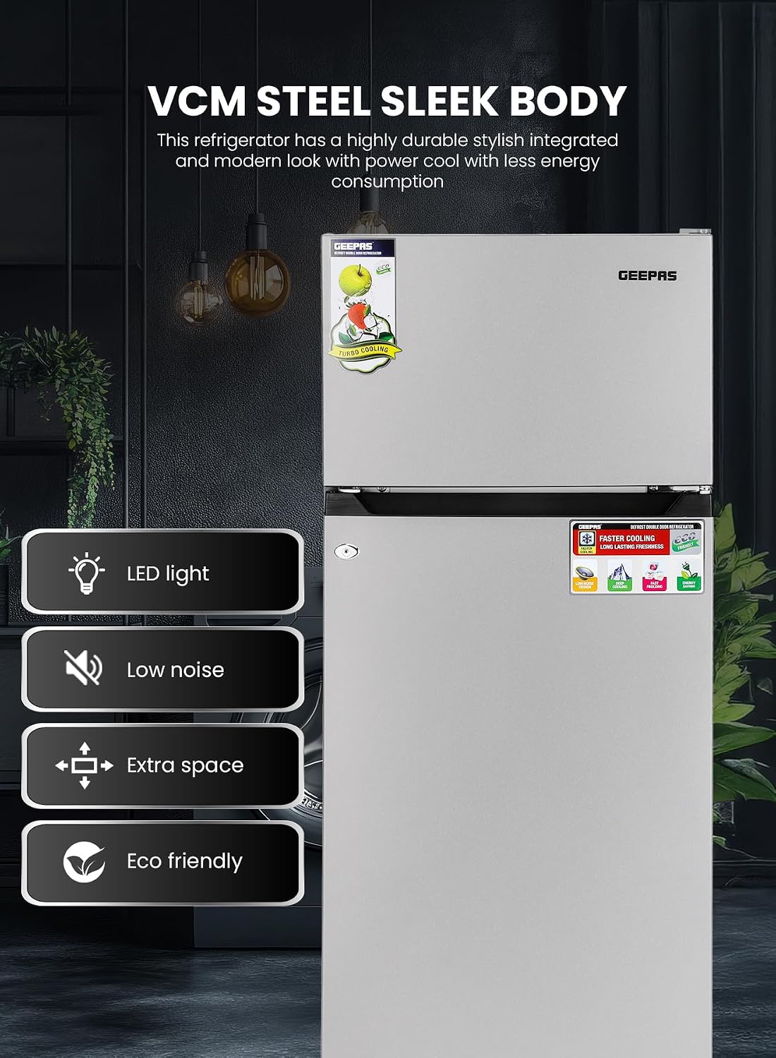 Double Door Defrost Refrigerator, Capacity 205 L (7.2 Cu. Ft)  Adjustable Thermostat/Tempered Glass Shelves/Faster Cooling/Door Lock & Key 238 kW GRF2407SXEN Silver