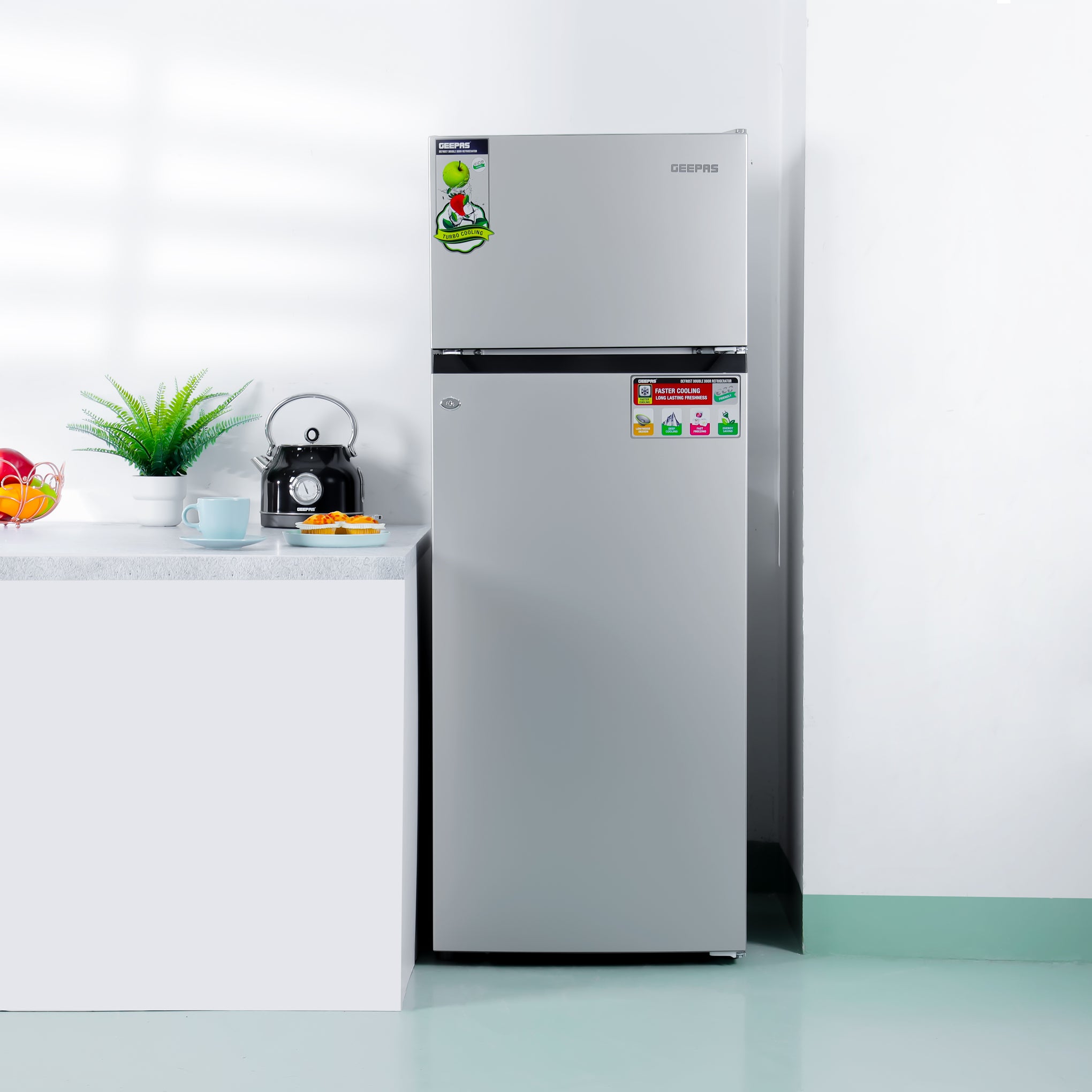Double Door Defrost Refrigerator, Capacity 205 L (7.2 Cu. Ft)  Adjustable Thermostat/Tempered Glass Shelves/Faster Cooling/Door Lock & Key 238 kW GRF2407SXEN Silver