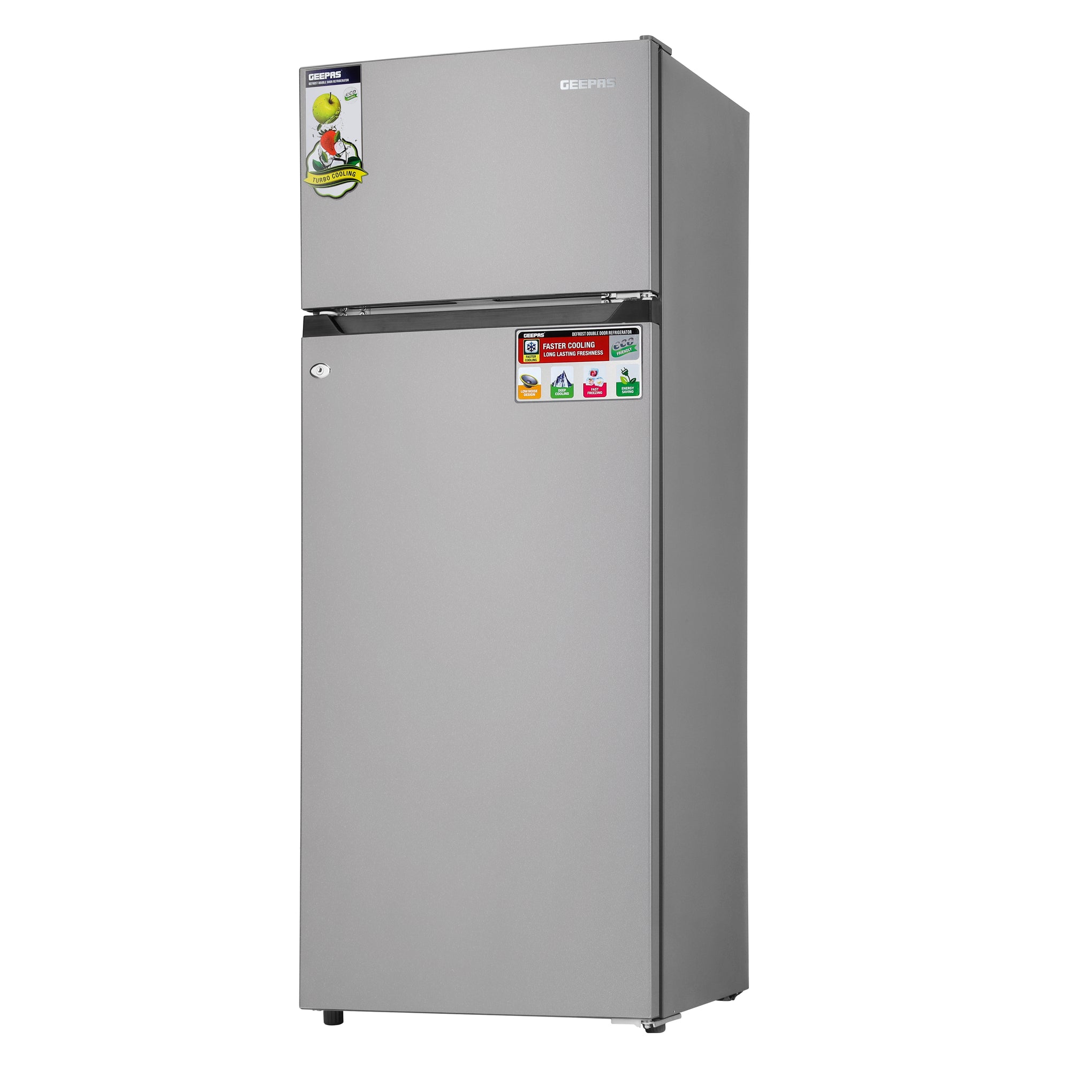 Double Door Defrost Refrigerator, Capacity 205 L (7.2 Cu. Ft)  Adjustable Thermostat/Tempered Glass Shelves/Faster Cooling/Door Lock & Key 238 kW GRF2407SXEN Silver