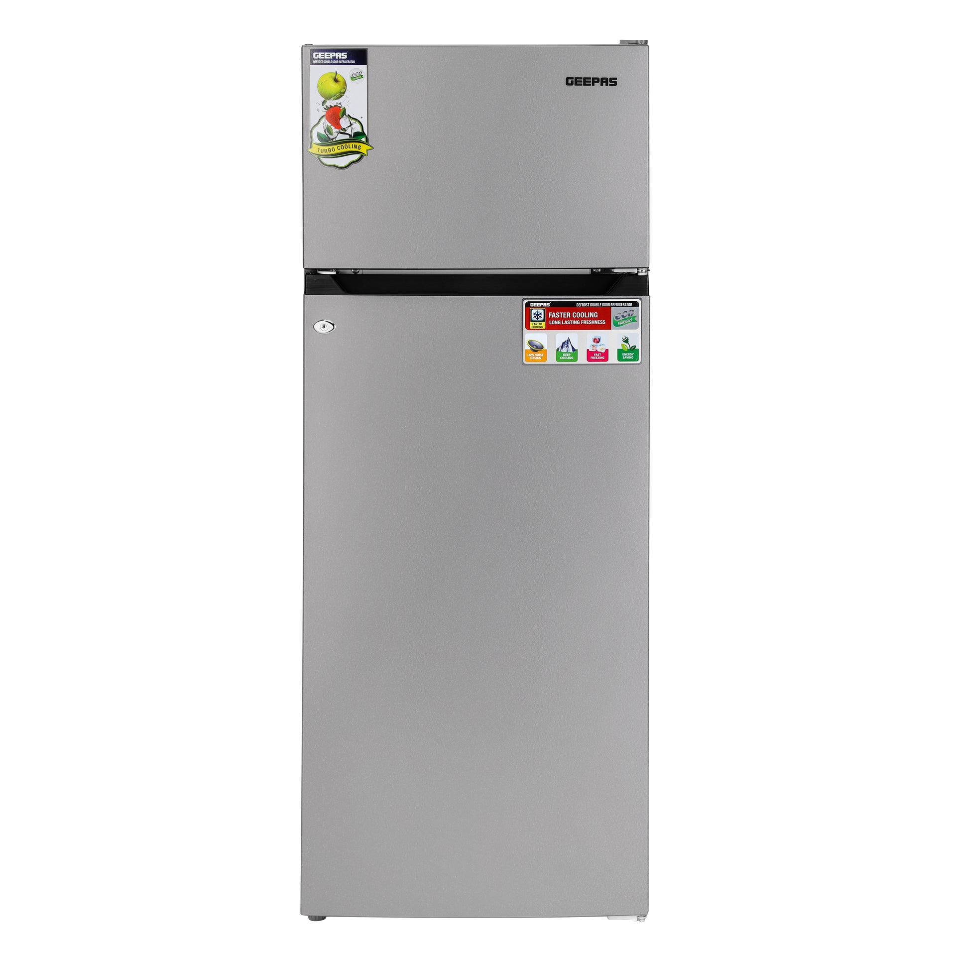Double Door Defrost Refrigerator, Capacity 205 L (7.2 Cu. Ft)  Adjustable Thermostat/Tempered Glass Shelves/Faster Cooling/Door Lock & Key 238 kW GRF2407SXEN Silver