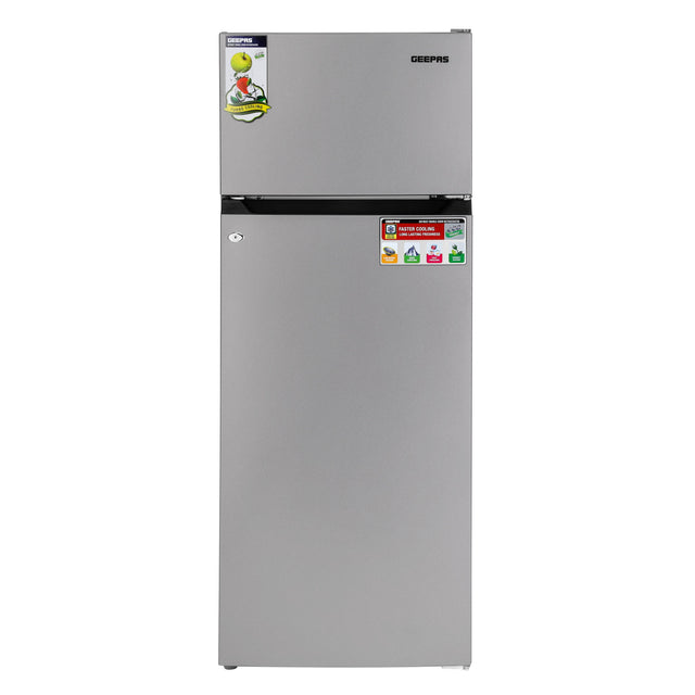 Double Door Defrost Refrigerator, Capacity 205 L (7.2 Cu. Ft)  Adjustable Thermostat/Tempered Glass Shelves/Faster Cooling/Door Lock & Key 238 kW GRF2407SXEN Silver