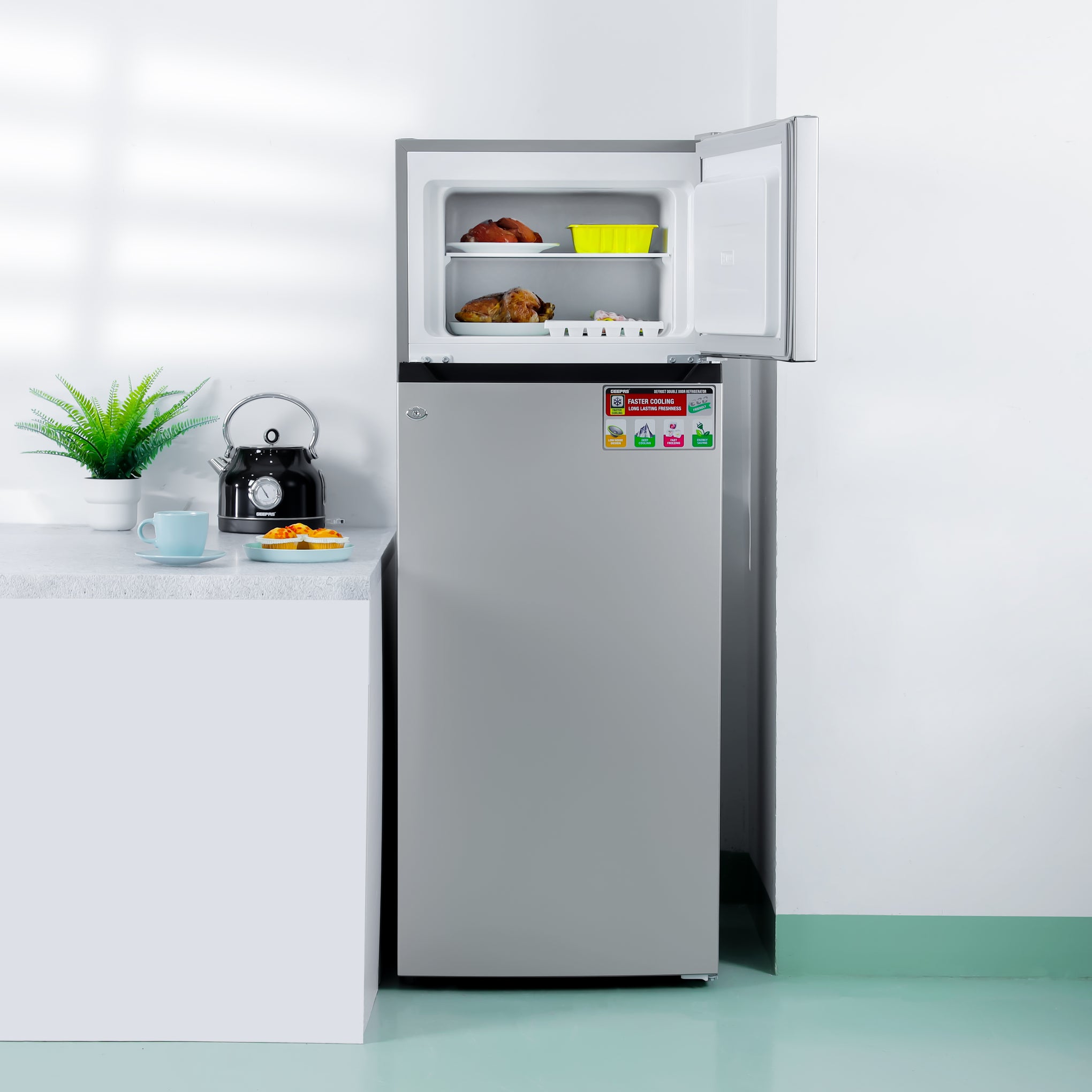 Double Door Defrost Refrigerator, Capacity 205 L (7.2 Cu. Ft)  Adjustable Thermostat/Tempered Glass Shelves/Faster Cooling/Door Lock & Key 238 kW GRF2407SXEN Silver